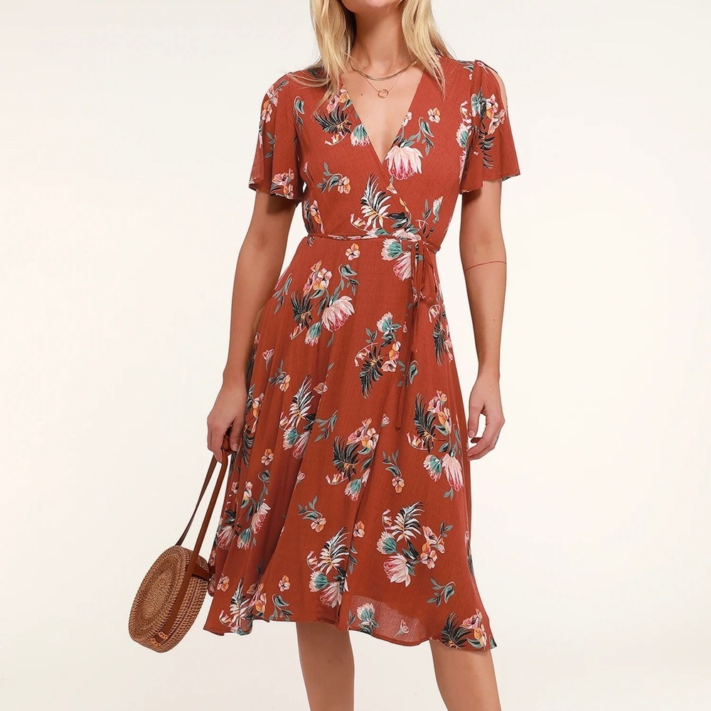 Lulus‎ Jet Set For Sun Wrap Midi Dress Rust Red Tropical Floral NWT Size Large